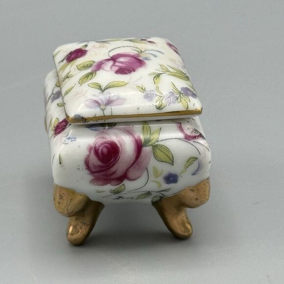 Vtg Footed Rectangle Trinket Box Lid Floral Vanity Glam Victorian Porcelain B141 - Picture 7 of 13